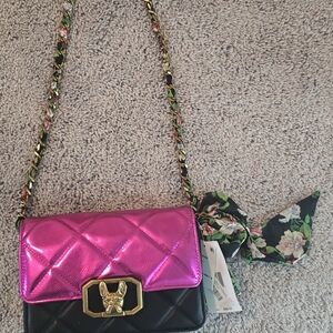 Betsey Johnson Metallic Pink and Black Crossbody Bag